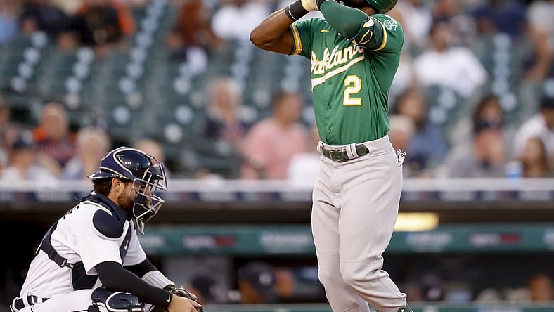 Sep 1, 2021; Detroit, Michigan, USA; Oakland Athletics center fielder Starling Marte (2) reacts as he reaches home plate after hitting a solo home run during the fourth inning against the Detroit Tigers at Comerica Park. Mandatory Credit: Raj Mehta-USA TODAY Sports