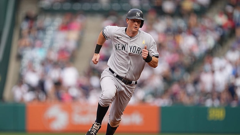 Sep 1, 2021; Anaheim, California, USA; New York Yankees second baseman DJ LeMahieu (26) runs toward third base in the third inning against the Los Angeles Angels at Angel Stadium. Mandatory Credit: Kirby Lee-USA TODAY Sports