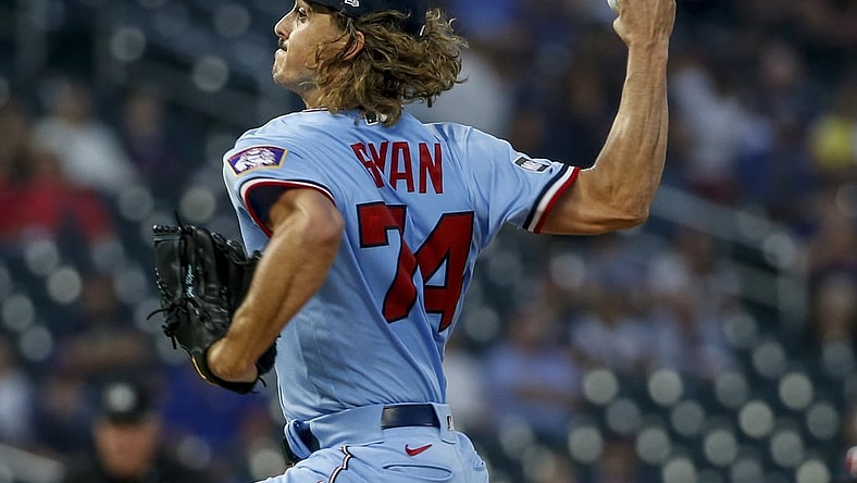 Sep 1, 2021; Minneapolis, Minnesota, USA; Minnesota Twins starting pitcher Joe Ryan (74) throws a pitch against the Chicago Cubs in the third inning at Target Field. Mandatory Credit: Bruce Kluckhohn-USA TODAY Sports