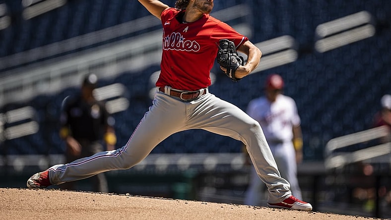 Sep 2, 2021; Washington, District of Columbia, USA; Philadelphia Phillies starting pitcher Aaron Nola (27) pitches against the Washington Nationals during the first inning at Nationals Park. Mandatory Credit: Scott Taetsch-USA TODAY Sports