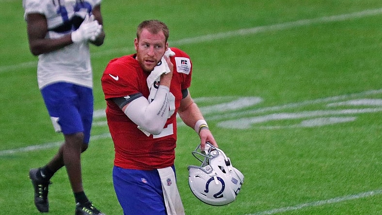 Quarterback Carson Wentz (#2) cools down between drills during the last day of Colts camp practice Wednesday, Aug. 25, 2021 at Grand Park Sports Campus in Westfield.

Last Day Of Colts Camp Practice Wednesday Aug 25 2021