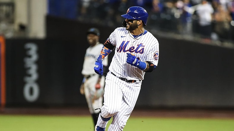 Sep 2, 2021; New York City, New York, USA;  New York Mets third baseman Jonathan Villar (1) rounds second base after hitting a leadoff home run in the first inning against the Miami Marlins at Citi Field. Mandatory Credit: Wendell Cruz-USA TODAY Sports
