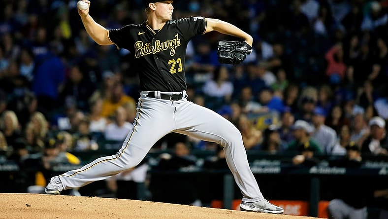 Sep 2, 2021; Chicago, Illinois, USA; Pittsburgh Pirates starting pitcher Mitch Keller (23) pitches against the Chicago Cubs during the first inning at Wrigley Field. Mandatory Credit: Jon Durr-USA TODAY Sports