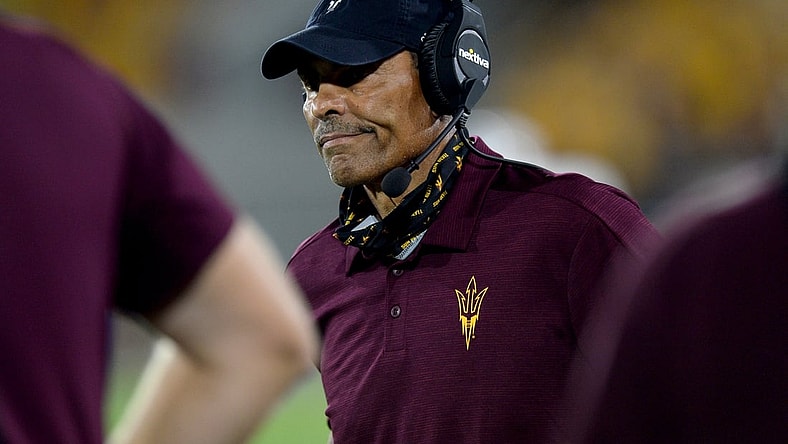 Sep 2, 2021; Tempe, Arizona, USA; Arizona State Sun Devils head coach Herm Edwards looks on during the second half against the Southern Utah Thunderbirds at Sun Devil Stadium. Mandatory Credit: Joe Camporeale-USA TODAY Sports