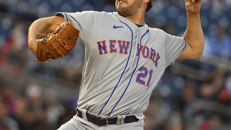 Sep 3, 2021; Washington, District of Columbia, USA; New York Mets starting pitcher Rich Hill (21) throws to the Washington Nationals during the first inning at Nationals Park. Mandatory Credit: Brad Mills-USA TODAY Sports