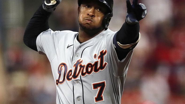 Sep 3, 2021; Cincinnati, Ohio, USA; Detroit Tigers second baseman Jonathan Schoop (7) reacts as he runs the bases after hitting a solo home run against the Cincinnati Reds during the third inning at Great American Ball Park. Mandatory Credit: David Kohl-USA TODAY Sports