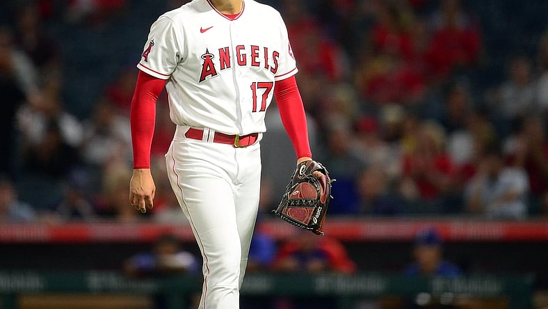 September 3, 2021; Anaheim, California, USA; Los Angeles Angels starting pitcher Shohei Ohtani (17) reacts following the top of the third inning against the Texas Rangers at Angel Stadium. Mandatory Credit: Gary A. Vasquez-USA TODAY Sports