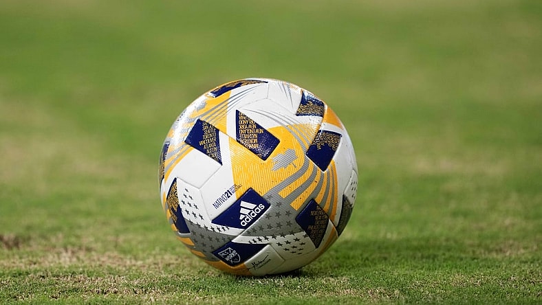 Sep 3, 2021; Los Angeles, California, USA; A detailed view of an Adidas official FIFA game ball in the second half of a match between the LAFC and Sporting KC at Banc of California Stadium. Mandatory Credit: Kirby Lee-USA TODAY Sports