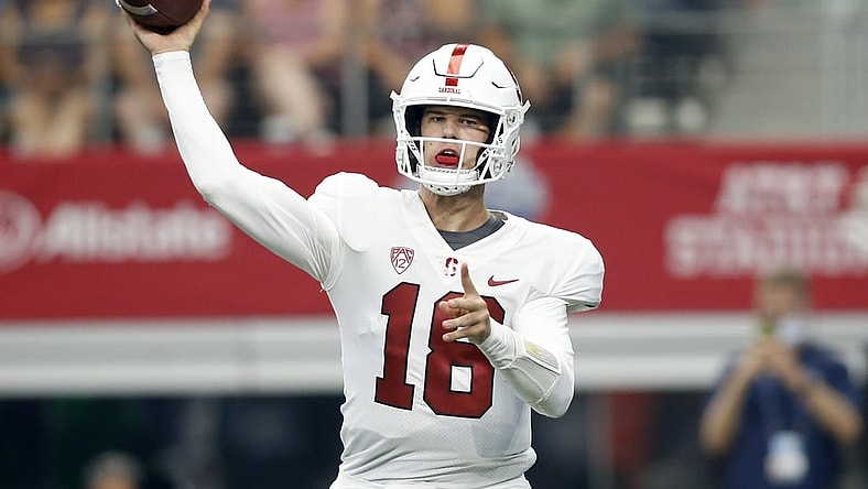 Sep 4, 2021; Arlington, Texas, USA; Stanford Cardinal quarterback Tanner McKee (18) throws a pass in the second quarter against the Kansas State Wildcats at AT&T Stadium. Mandatory Credit: Tim Heitman-USA TODAY Sports
