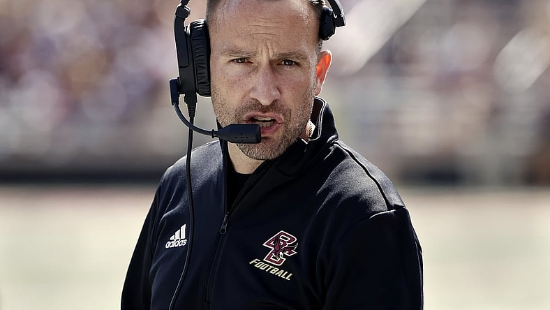 Sep 4, 2021; Chestnut Hill, Massachusetts, USA; Boston College Eagles head coach Jeff Hafley along the sidelines during the first half against the Colgate Raiders at Alumni Stadium. Mandatory Credit: Winslow Townson-USA TODAY Sports
