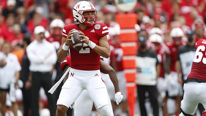 Sep 4, 2021; Lincoln, Nebraska, USA; Nebraska Cornhuskers quarterback Adrian Martinez (2) looks to throw against the Fordham Rams in the first half at Memorial Stadium. Mandatory Credit: Bruce Thorson-USA TODAY Sports