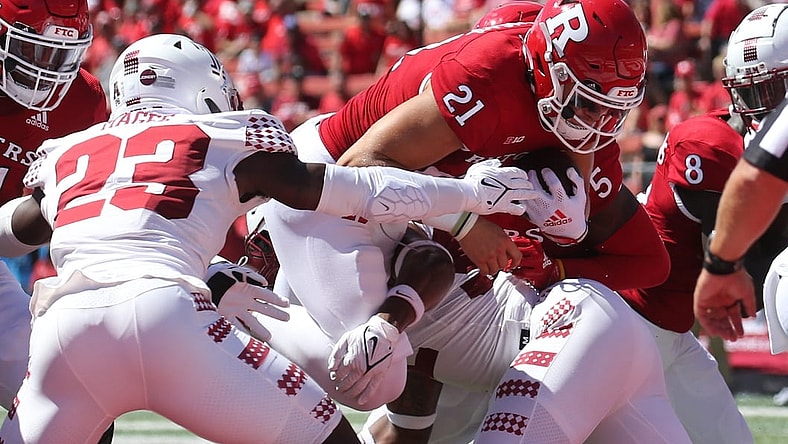 Johnny Langan of Rutgers scores one his first half TD's as Temple played Rutgers in the season opener at SHI Stadium in Piscataway, NJ on September 4, 2021.

Temple Played Rutgers In The Season Opener At Shi Stadium In Piscataway Nj On September 4 2021