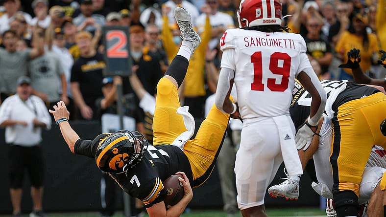 Iowa junior quarterback Spencer Petras dives into the end zone for a Hawkeyes touchdown in the second quarter against Indiana at Kinnick Stadium in Iowa City on Saturday, Sept. 4, 2021.

20210904 Iowavsindiana