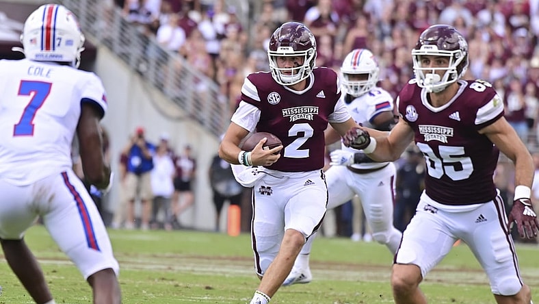 Sep 4, 2021; Starkville, Mississippi, USA;  Mississippi State Bulldogs quarterback Will Rogers (2) runs the ball against the Louisiana Tech Bulldogs during the first quarter at Davis Wade Stadium at Scott Field. Mandatory Credit: Matt Bush-USA TODAY Sports