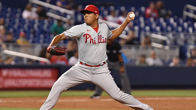 Sep 4, 2021; Miami, Florida, USA; Philadelphia Phillies pitcher Ranger Suarez (55) throws against the Miami Marlins during the first inning at loanDepot Park. Mandatory Credit: Jim Rassol-USA TODAY Sports