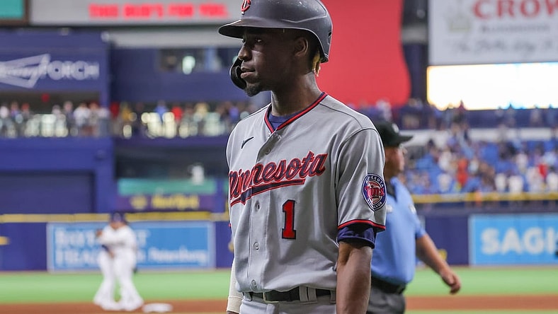 Sep 4, 2021; St. Petersburg, Florida, USA; Minnesota Twins shortstop Nick Gordon (1) walks to the dugout after loosing to the Tampa Bay Rays at Tropicana Field. Mandatory Credit: Mike Watters-USA TODAY Sports