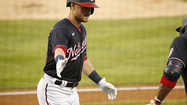 Sep 4, 2021; Washington, District of Columbia, USA; Washington Nationals center fielder Lane Thomas (28) celebrates after hitting a home run against the New York Mets in the first inning at Nationals Park. Mandatory Credit: Amber Searls-USA TODAY Sports
