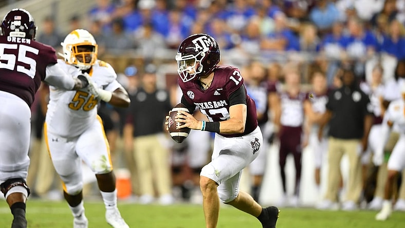 Sep 4, 2021;  College Station, Texas, USA;  Texas A&M Aggies quarterback Haynes King (13) runs the ball during the second quarter against the Kent State Golden Flashes at Kyle Field. Mandatory Credit: Maria Lysaker-USA TODAY Sports