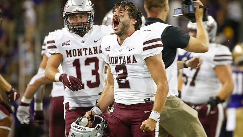 Sep 4, 2021; Seattle, Washington, USA; Montana Grizzlies quarterback Camron Humphrey (2) celebrates following a 13-7 victory against the Washington Huskies at Alaska Airlines Field at Husky Stadium. Mandatory Credit: Joe Nicholson-USA TODAY Sports