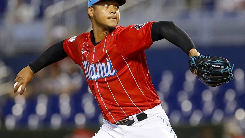 Sep 5, 2021; Miami, Florida, USA; Miami Marlins starting pitcher Elieser Hernandez (57) delivers a pitch in the first inning of the game against the Philadelphia Phillies at loanDepot Park. Mandatory Credit: Sam Navarro-USA TODAY Sports