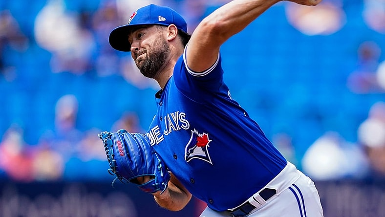 Sep 5, 2021; Toronto, Ontario, CAN; Toronto Blue Jays starting pitcher Robbie Ray (38) pitches against the Oakland Athletics during the first inning at Rogers Centre. Mandatory Credit: Kevin Sousa-USA TODAY Sports