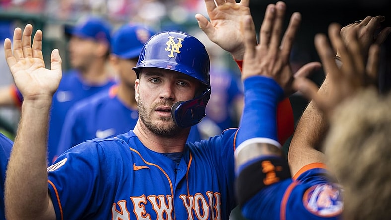 Sep 5, 2021; Washington, District of Columbia, USA; New York Mets first baseman Pete Alonso #20 celebrates after scoring a run against the Washington Nationals during the first inning at Nationals Park. Mandatory Credit: Scott Taetsch-USA TODAY Sports