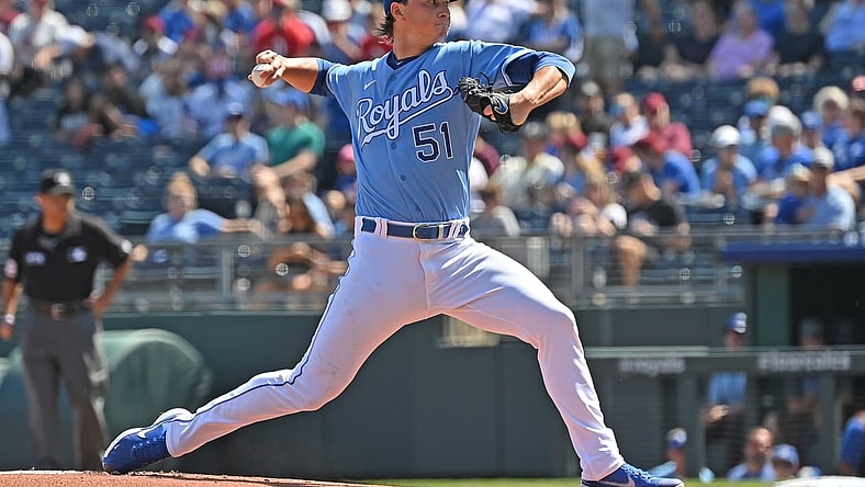 Sep 5, 2021; Kansas City, Missouri, USA;  Kansas City Royals starting pitcher Brady Singer (51) delivers a pitch during the first inning against the Chicago White Sox at Kauffman Stadium. Mandatory Credit: Peter Aiken-USA TODAY Sports