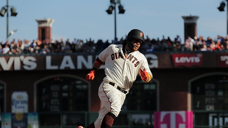 Sep 5, 2021; San Francisco, California, USA; San Francisco Giants shortstop Brandon Crawford (35) rounds third base on his way to score run during the third inning against the Los Angeles Dodgers at Oracle Park. Mandatory Credit: Sergio Estrada-USA TODAY Sports