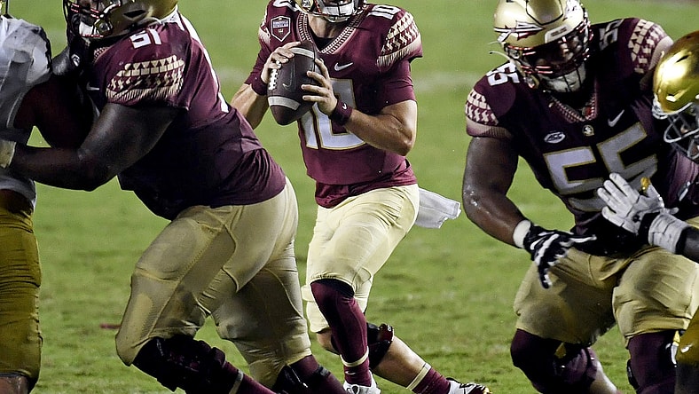 Sep 5, 2021; Tallahassee, Florida, USA; Florida State Seminoles quarterback McKenzie Milton (10) looks to throw during the fourth quarter against the Notre Dame Fighting Irish at Doak S. Campbell Stadium. Mandatory Credit: Melina Myers-USA TODAY Sports