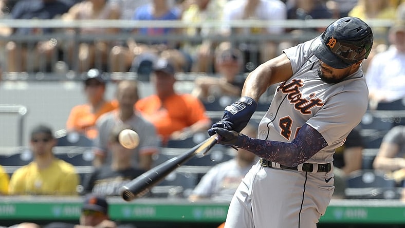Sep 6, 2021; Pittsburgh, Pennsylvania, USA;  Detroit Tigers third baseman Jeimer Candelario (46) breaks his bat against the Pittsburgh Pirates during the first inning at PNC Park. Mandatory Credit: Charles LeClaire-USA TODAY Sports