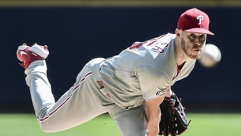 Sep 6, 2021; Milwaukee, Wisconsin, USA; Philadelphia Phillies pitcher Zack Wheeler (45) throws a pitch in the first inning against the Milwaukee Brewers at American Family Field. Mandatory Credit: Benny Sieu-USA TODAY Sports