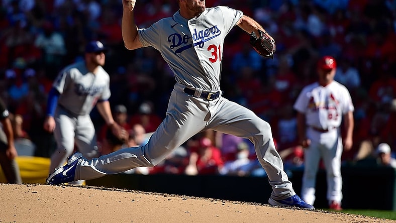 Sep 6, 2021; St. Louis, Missouri, USA;  Los Angeles Dodgers starting pitcher Max Scherzer (31) pitches during the fourth inning against the St. Louis Cardinals at Busch Stadium. Mandatory Credit: Jeff Curry-USA TODAY Sports