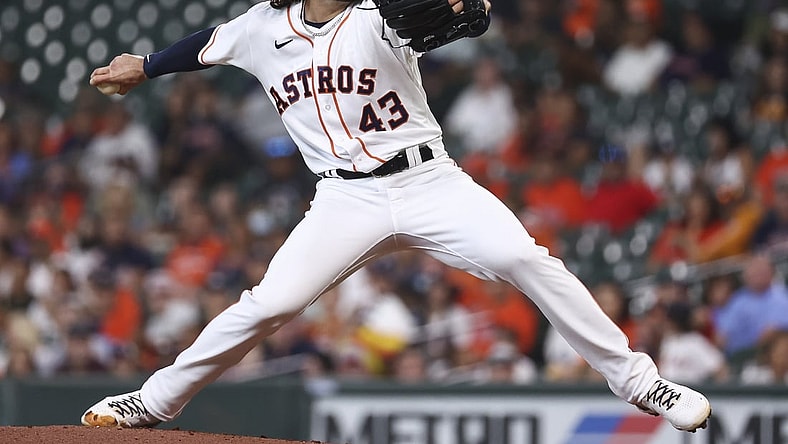 Sep 6, 2021; Houston, Texas, USA; Houston Astros starting pitcher Lance McCullers Jr. (43) delivers against the Seattle Mariners during the first inning at Minute Maid Park. Mandatory Credit: Troy Taormina-USA TODAY Sports