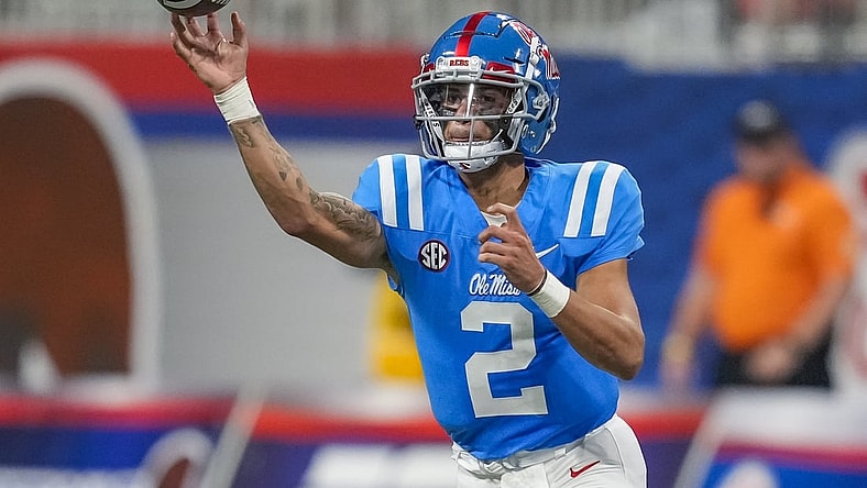 Sep 6, 2021; Atlanta, Georgia, USA; Mississippi Rebels quarterback Matt Corral (2) passes the ball against the Louisville Cardinals during the first half at Mercedes-Benz Stadium. Mandatory Credit: Dale Zanine-USA TODAY Sports
