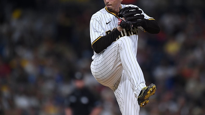 Sep 7, 2021; San Diego, California, USA; San Diego Padres starting pitcher Blake Snell (4) throws a pitch against the Los Angeles Angels during the sixth inning at Petco Park. Mandatory Credit: Orlando Ramirez-USA TODAY Sports