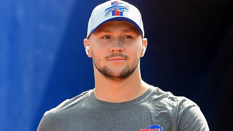 Aug 28, 2021; Orchard Park, New York, USA; Buffalo Bills quarterback Josh Allen (17) walks to the field prior to the game against the Green Bay Packers at Highmark Stadium. Mandatory Credit: Rich Barnes-USA TODAY Sports