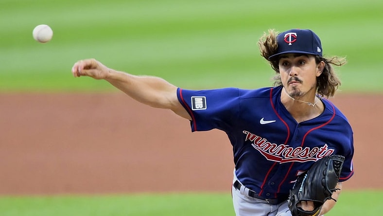 Sep 8, 2021; Cleveland, Ohio, USA; Minnesota Twins starting pitcher Joe Ryan (74) delivers a pitch against the Cleveland Indians in the first inning at Progressive Field. Mandatory Credit: David Richard-USA TODAY Sports