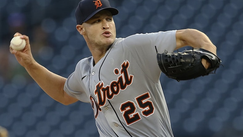 Sep 8, 2021; Pittsburgh, Pennsylvania, USA;  Detroit Tigers starting pitcher Matt Manning (25) delivers a pitch against the Pittsburgh Pirates during the first inning at PNC Park. Mandatory Credit: Charles LeClaire-USA TODAY Sports