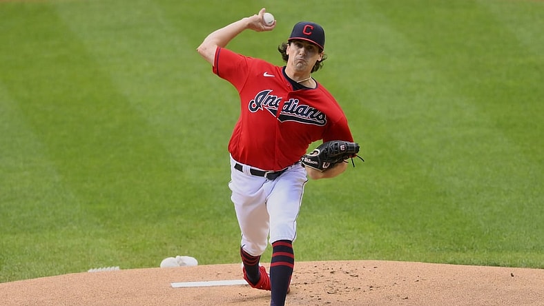 Sep 9, 2021; Cleveland, Ohio, USA; Cleveland Indians starting pitcher Cal Quantrill (47) delivers against the Minnesota Twins in the first inning at Progressive Field. Mandatory Credit: David Richard-USA TODAY Sports