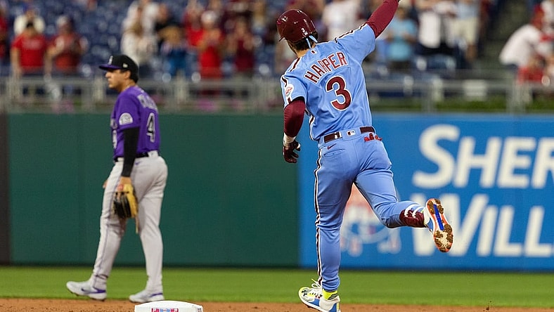Sep 9, 2021; Philadelphia, Pennsylvania, USA; Philadelphia Phillies right fielder Bryce Harper (3) runs the bases after hitting a home run against the Colorado Rockies during the first inning at Citizens Bank Park. Mandatory Credit: Bill Streicher-USA TODAY Sports