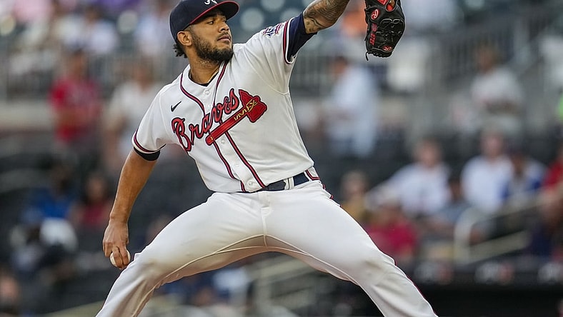 Sep 9, 2021; Cumberland, Georgia, USA; Atlanta Braves starting pitcher Huascar Ynoa (19) throws against the Washington Nationals during the first inning at Truist Park. Mandatory Credit: Dale Zanine-USA TODAY Sports