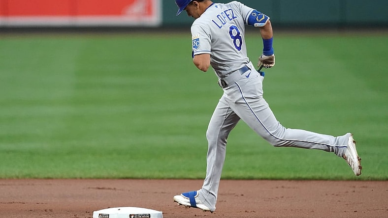 Sep 9, 2021; Baltimore, Maryland, USA; Kansas City Royals shortstop Nicky Lopez (8) rounds the bases after hitting a solo home run against the Baltimore Orioles in the first inning at Oriole Park at Camden Yards. Mandatory Credit: Mitch Stringer-USA TODAY Sports
