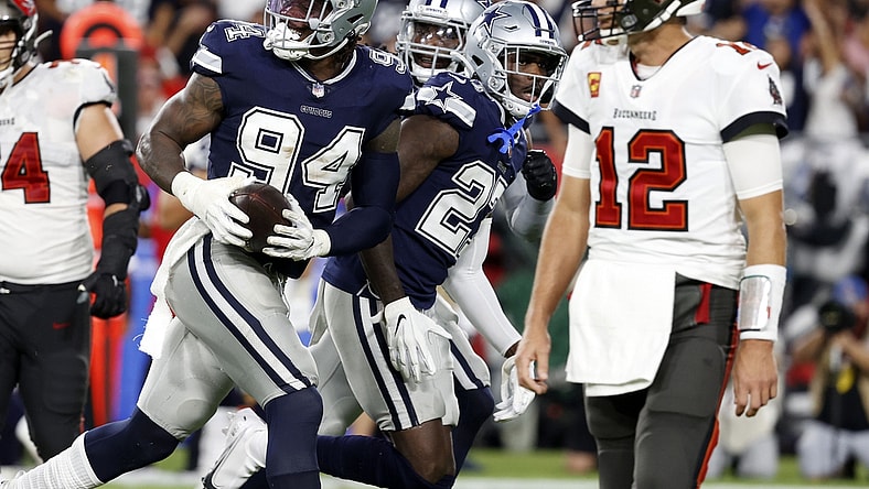 Sep 9, 2021; Tampa, Florida, USA; Dallas Cowboys defensive end Randy Gregory (94) reacts after recovering the ball against the Tampa Bay Buccaneers during the first half at Raymond James Stadium. Mandatory Credit: Kim Klement-USA TODAY Sports