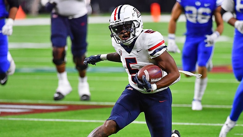 Sep 4, 2021; Paradise, Nevada, USA;  Arizona Wildcats wide receiver BJ Casteel (5) at Allegiant Stadium. Mandatory Credit: Stephen R. Sylvanie-USA TODAY Sports