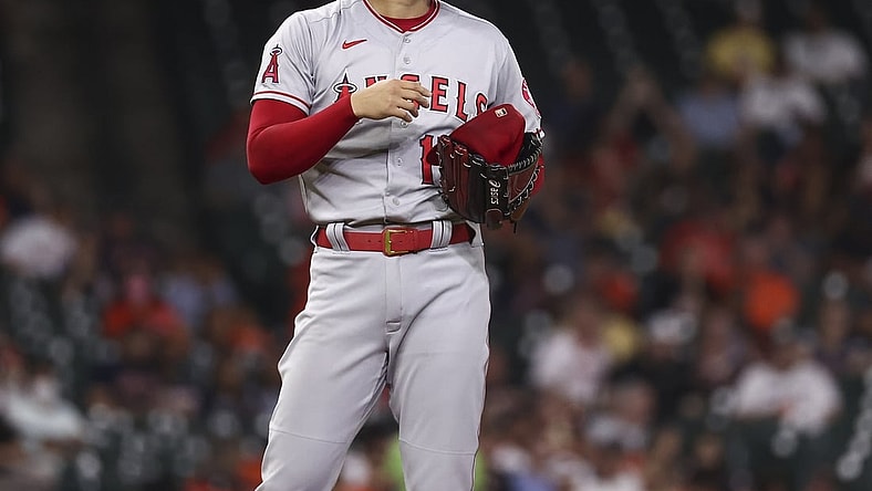 Sep 10, 2021; Houston, Texas, USA; Los Angeles Angels starting pitcher Shohei Ohtani (17) reacts after a pitch during the second inning against the Houston Astros at Minute Maid Park. Mandatory Credit: Troy Taormina-USA TODAY Sports