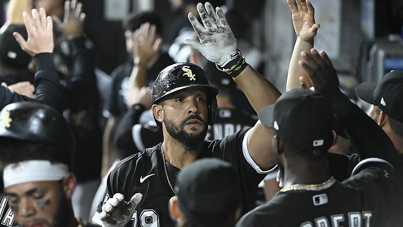 Sep 10, 2021; Chicago, Illinois, USA;  Chicago White Sox first baseman Jose Abreu (79) celebrates in the dugout after he hits a three run home run against the Boston Red Sox during the third inning at Guaranteed Rate Field. Mandatory Credit: Matt Marton-USA TODAY Sports