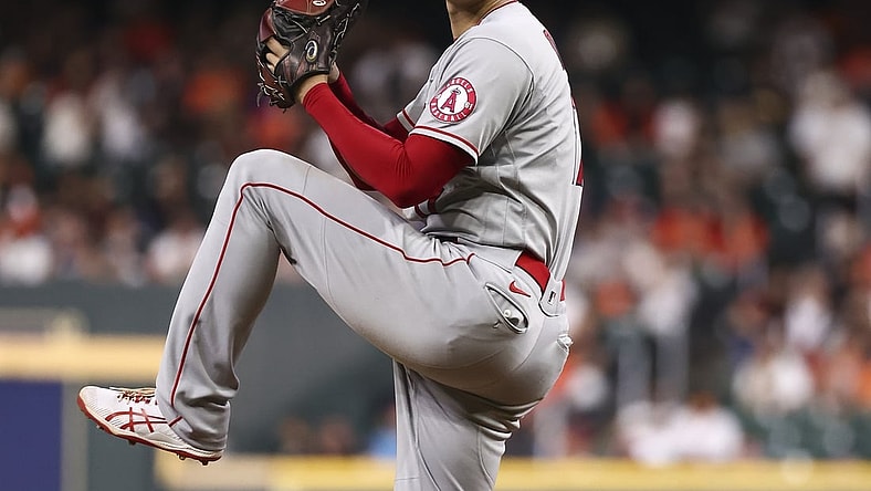 Sep 10, 2021; Houston, Texas, USA; Los Angeles Angels starting pitcher Shohei Ohtani (17) delivers a pitch during the fourth inning against the Houston Astros at Minute Maid Park. Mandatory Credit: Troy Taormina-USA TODAY Sports