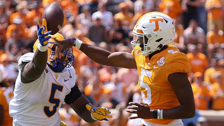 Sep 11, 2021; Knoxville, Tennessee, USA; Pittsburgh Panthers defensive lineman Deslin Alexandre (5) tips a pass from Tennessee Volunteers quarterback Hendon Hooker (5) during the second quarter at Neyland Stadium. Mandatory Credit: Randy Sartin-USA TODAY Sports