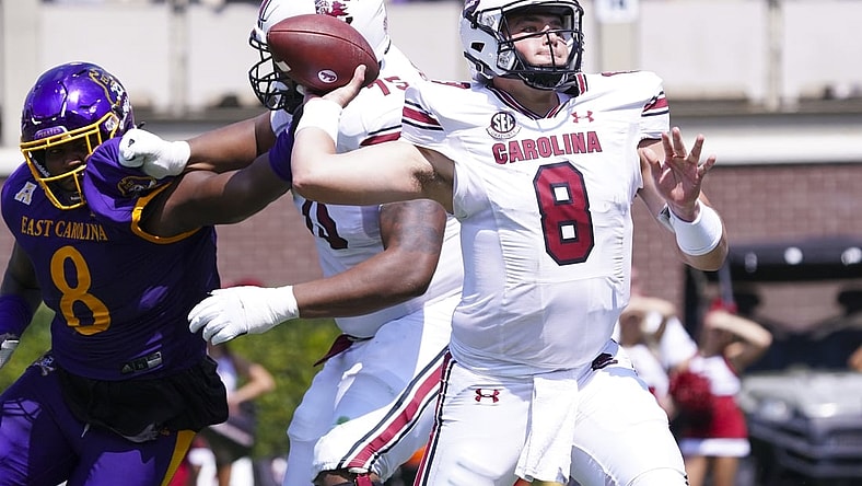 Sep 11, 2021; Greenville, North Carolina, USA;  South Carolina Gamecocks quarterback Zeb Noland (8) throws the ball during the first half against the East Carolina Pirates at Dowdy-Ficklen Stadium. Mandatory Credit: James Guillory-USA TODAY Sports