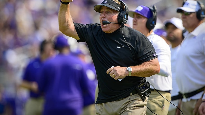 Sep 11, 2021; Fort Worth, Texas, USA; TCU Horned Frogs head coach Gary Patterson yells to his team during the first half against the California Golden Bears of the game at Amon G. Carter Stadium. Mandatory Credit: Jerome Miron-USA TODAY Sports